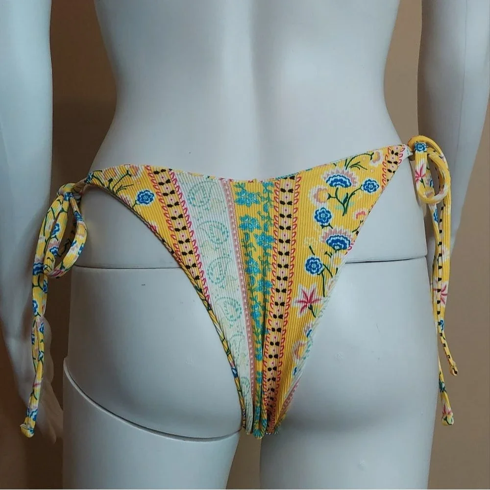 Reversible Yellow Floral High Cut Cheeky Bikini Bathing Suit Bottoms Small NWOT - Picture 4 of 8